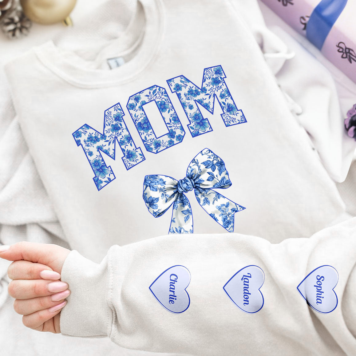 Chinoiserie-Mom-Mama-Nana-Mimi-With-Kid-Names-On-Sleeve-Personalized-Sweatshirt_1_ab0e9986-327a-43ed-ad0a-6b085b665bde.jpg Chinoiserie Mom Mama Nana Mimi With Kid Names On Sleeve Ver 1 - Personalized Sweatshirt - Image 1