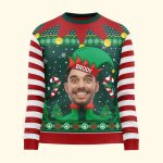 Elf Christmas Funny Face Family Name - Personalized Photo Ugly Sweater - Image 4
